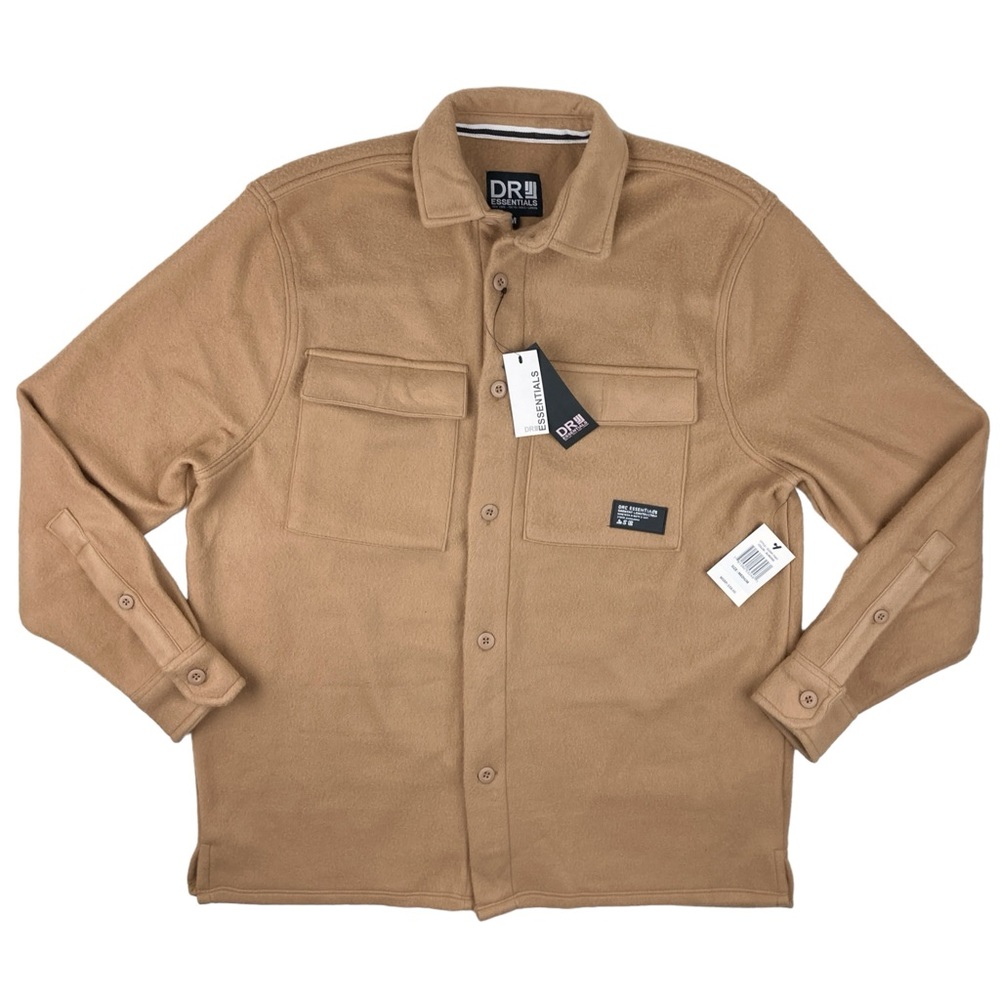 DR Essentials Medium Fleece Shirt Jacket NWT Shacket Tan Button Up Flap Pockets